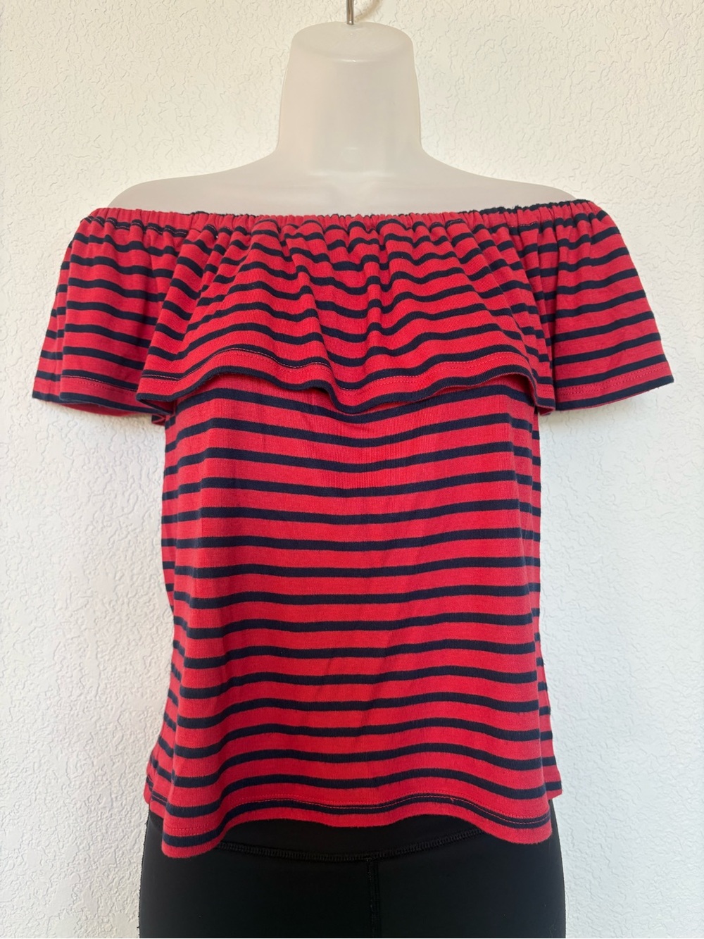 Splendid Red and Navy Off-Shoulder Striped Crop Top